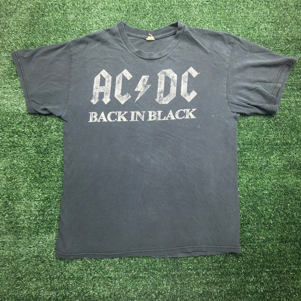 Vintage AC/DC Back in Black Graphic T-Shirt Faded Black Rock Band Tee Mens L
